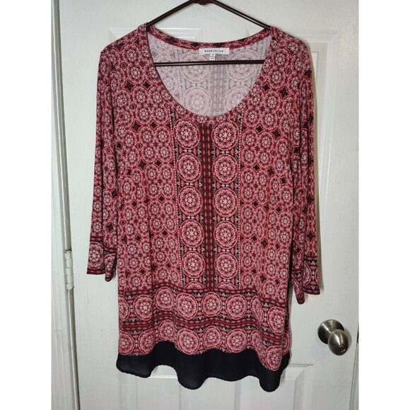 Rose + Olive Tops - Rose + Olive Scoop Neck Boho Red Black Chiffon Trim 3/4-Sleeve Top 1X